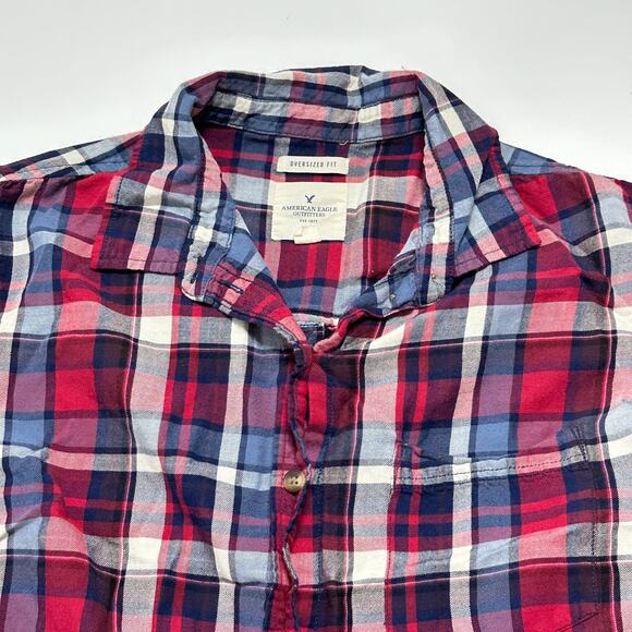 American Eagle Shirt Womens Size M Red White Blue Plaid Button Up Oversized Y2K - Picture 3 of 8